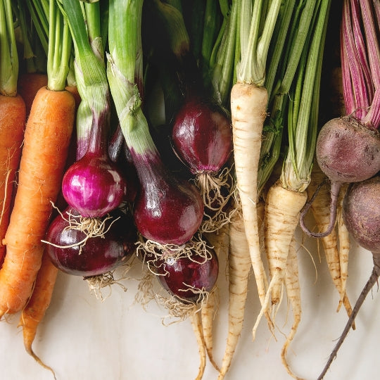 Root vegetables laid out 